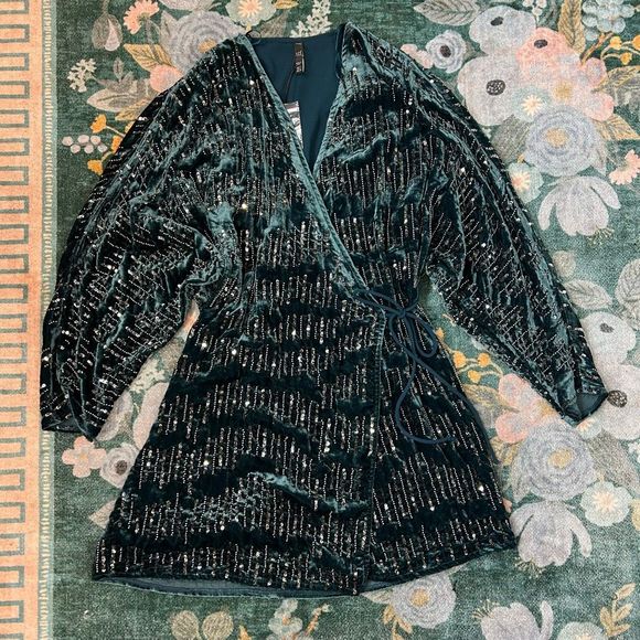 ZARA Trf Collection Velvet Beaded Wrap Mini Dress Turquoise Blue Party Formal S - Picture 10 of 13